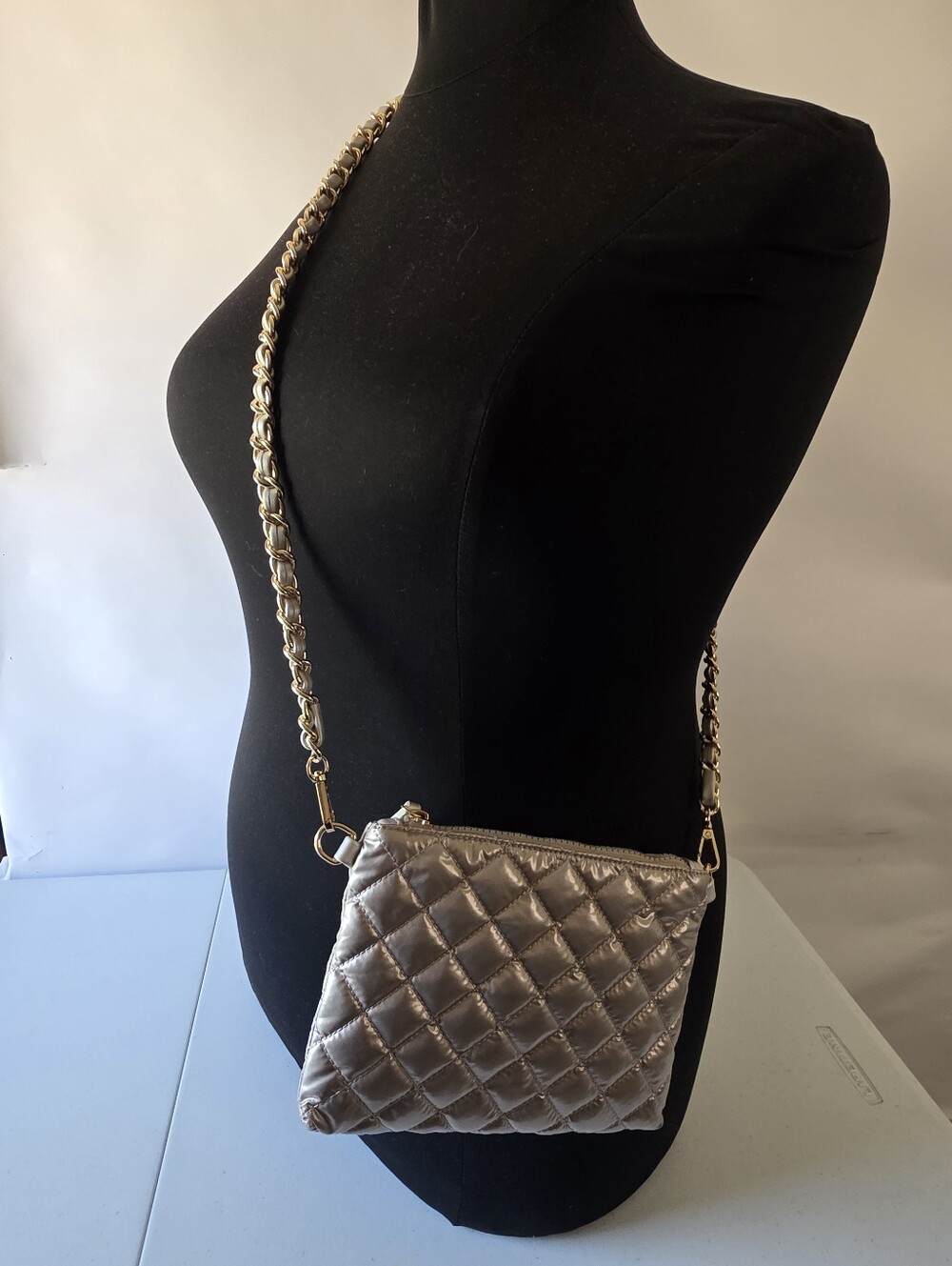 Lemonbella Quilted Chain Strap Bag Small Crossbody Removable Strap Neutral - Picture 13 of 14